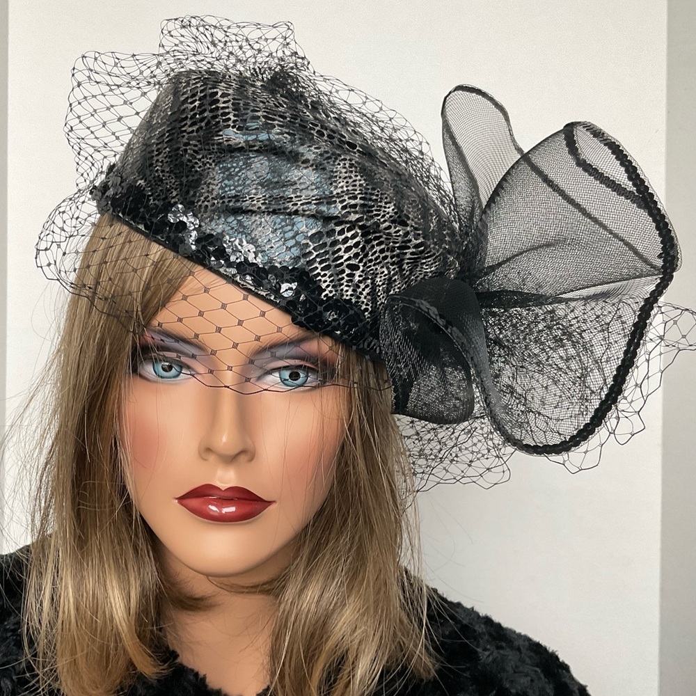 Pillbox Hat~Animal Print Black/Ivory W/Mesh Bow Sequins Netting NEW